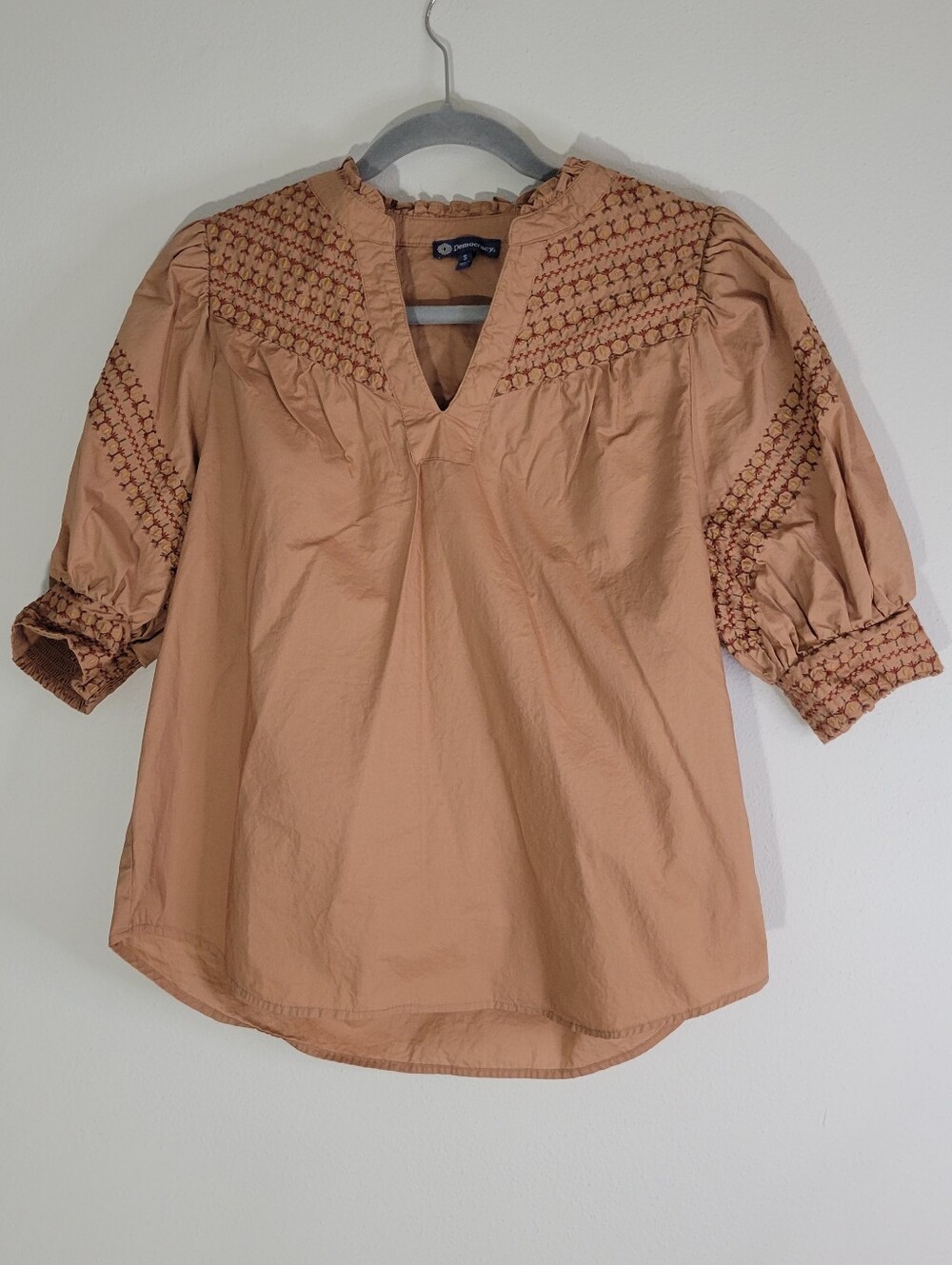 Democracy Tan Smocked V-Neck Puff-Sleeve Blouse